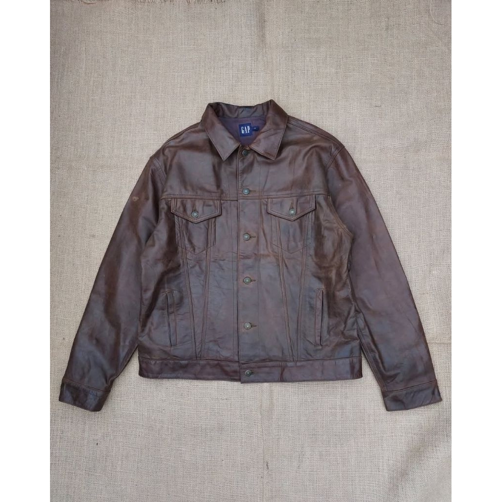 GAP Jaket Kulit Trucker Leather Jacket Vintage Classic Retro Rugged Style