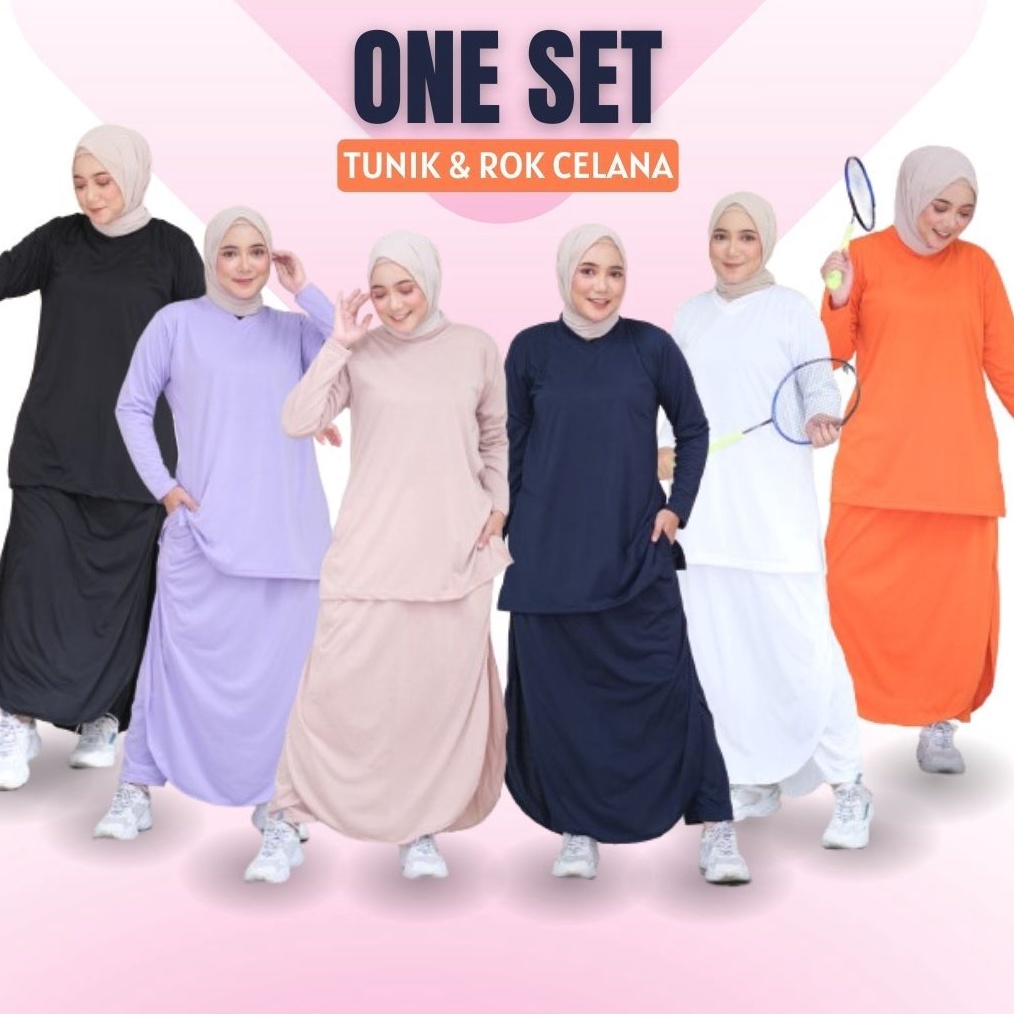KODE W65N Setelan Olahraga Muslimah Polos Jumbo Baju Wanita Muslim Syari Rok Celana Training Pakaian