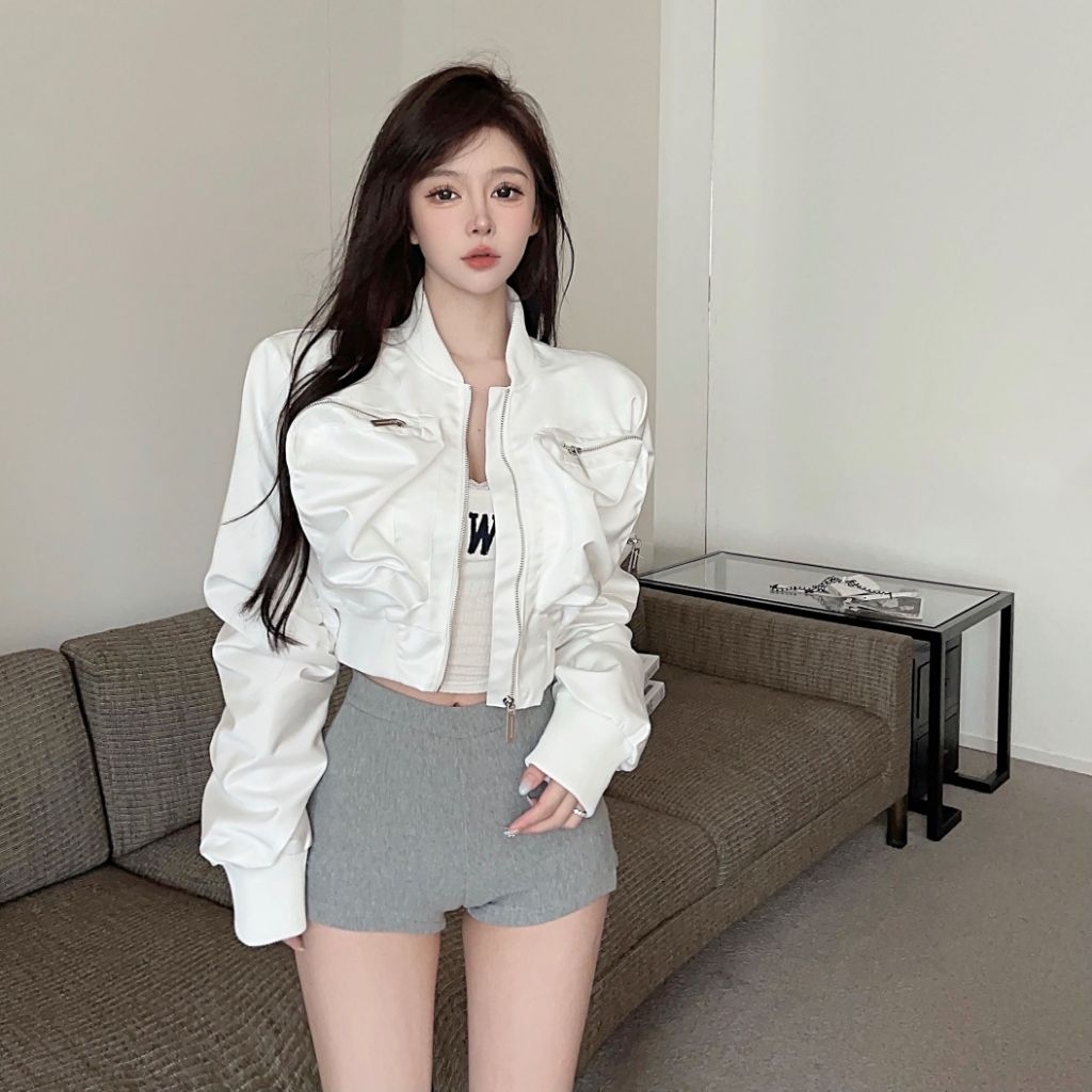Outer Cardigan Jacket Zipper Lengan Panjang Jacket Wanita Satin Premium Import