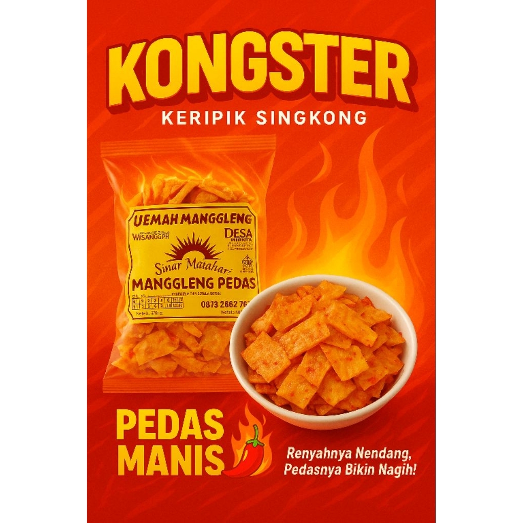 

KONGSTER keripik singkong pedas manis, keripik manggleng bestak, keripik balung kethek bestak