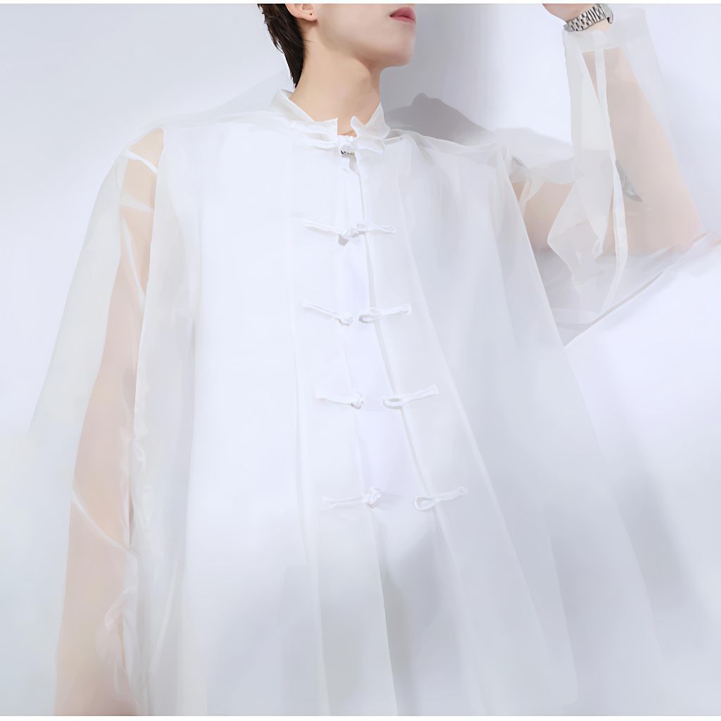 Cheongsam Pria Transparan organza seri putih