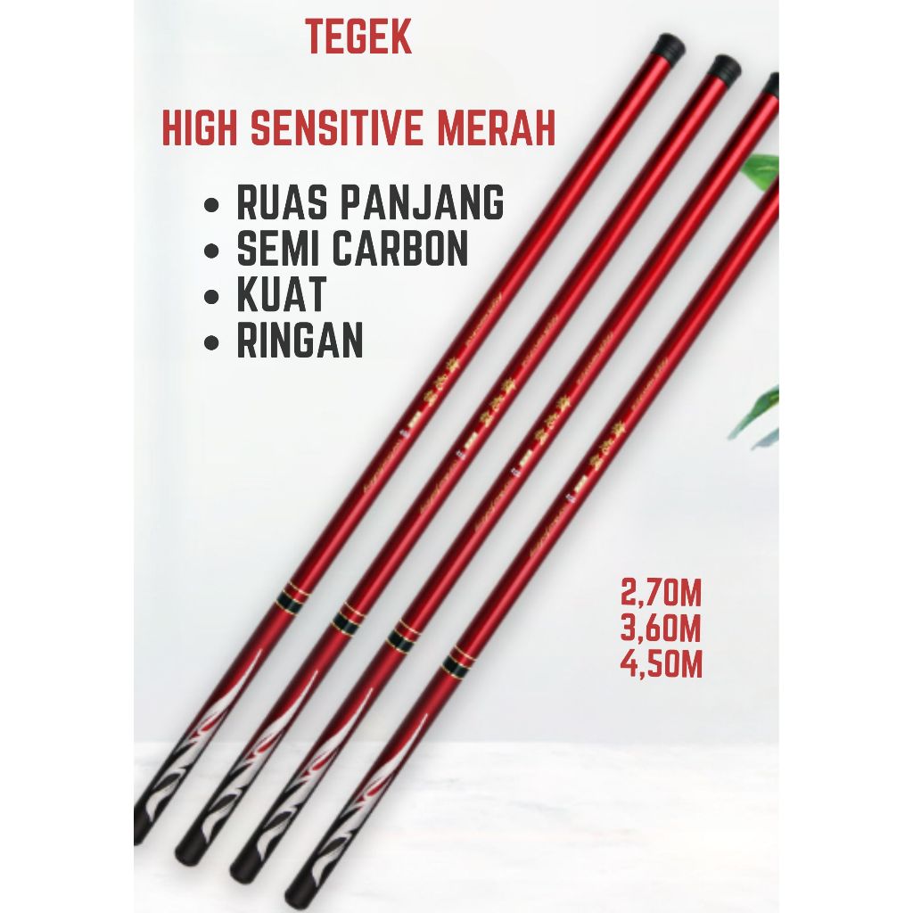 Tegek Semi Carbon, Joran Pancing Ruas Panjang, Tegek High Sensitive Merah 2.7m, 3.6m, 4.5m