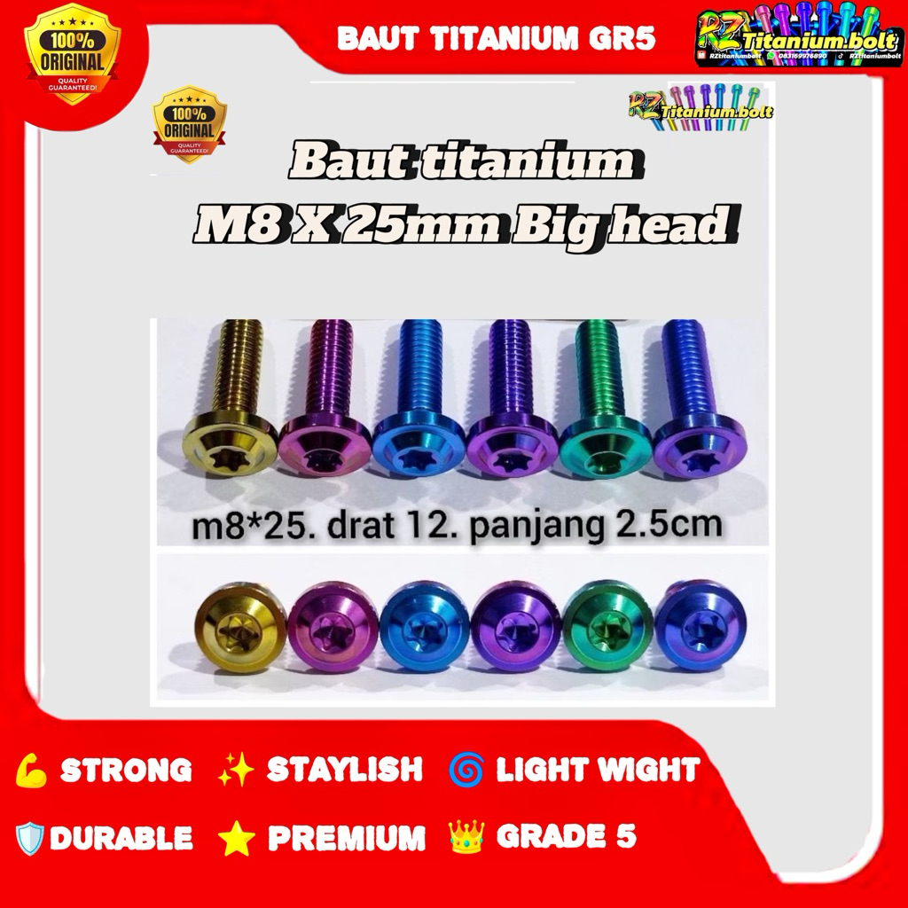 (1pcs) Baut Titanium M8 X 25mm Drat 12 Panjang 2.5cm BIG HEAD ORIGINAL TITANIUM BOLT GR5