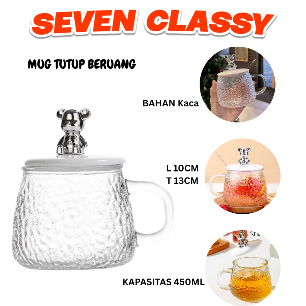 SC - GELAS KACA / MUG TUTUP BERUANG H638 CANGKIR SET DENGAN SENDOK ADUK TUTUP CANTIK KADO PERNIKAHAN