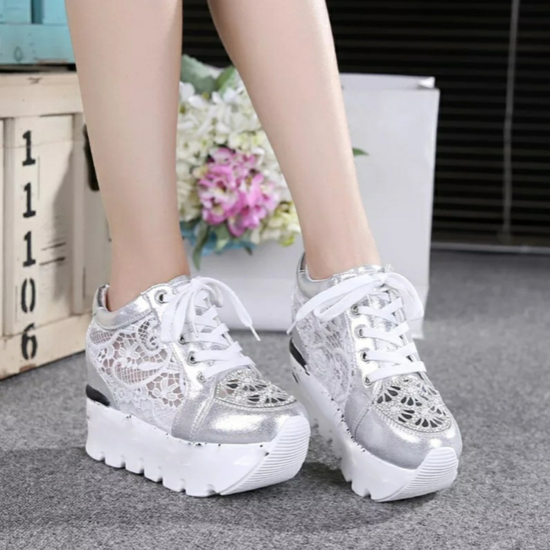 GS69 - Sepatu Ootd Fashion Sneakers Brukat Melanium Hologram Hak Dalam Semi Boots Tinggi 5cm Pengenc