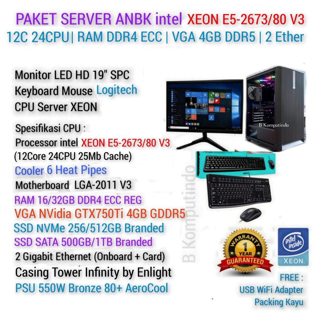 Paket Lengkap SERVER XEON 24CPUs | RAM DDR4 ECC | VGA 4GB DDR5 | DUAL LAN Gigabit | FULL SSD | UNBK 