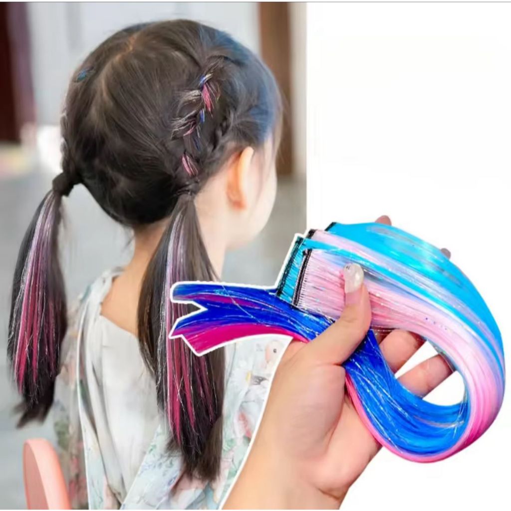ACC 1PCS hair clip glitter hairpiece rambut palsu highlight sparkle hairclip warna pink biru