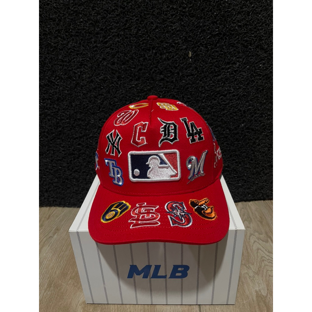Topi Bahan Merah MLB Full Bordir Full Tag Topi Premium Pria Wanita