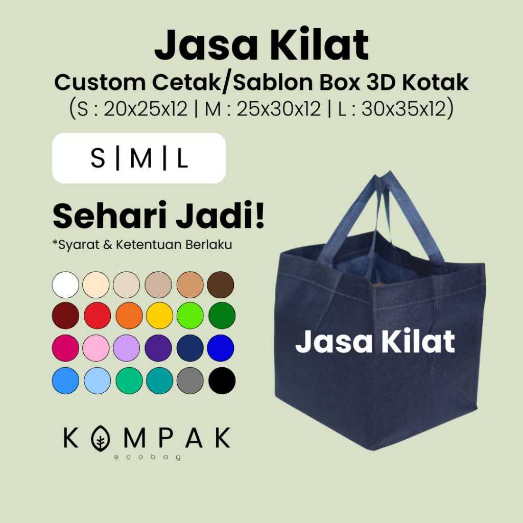

Jasa Kilat Custom Cetak Sablon Tas Spunbond Handle BOX 3D Kotak - Kantong Goodie Bag Shopping Bag 18x18 20x20 22x22 24x24 cm 22x26x20 24x30x22 27x28x25