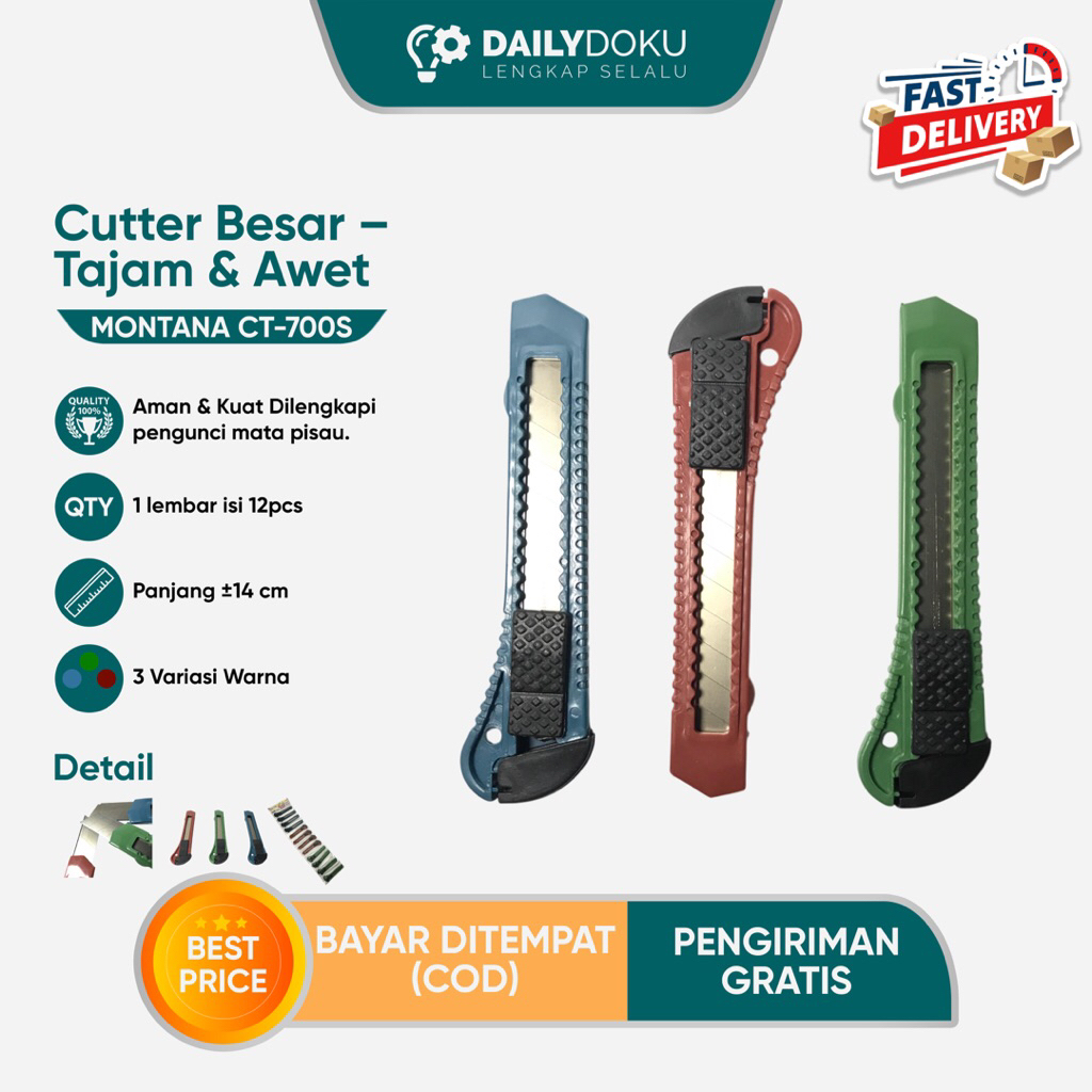

Cutter Besar Renceng Montana CT700S 14cm Isi 12pcs – Cutter Besi Tajam Kuat dan Tahan Lama