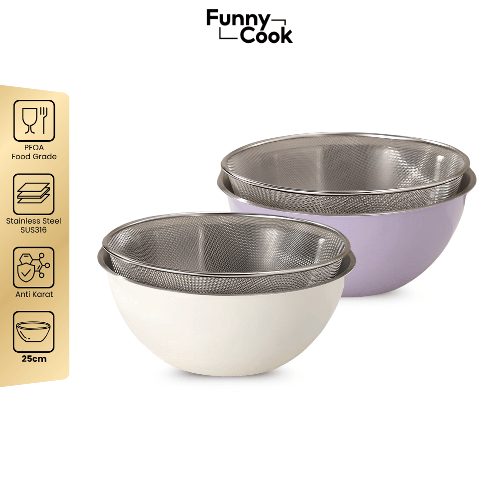 Funnycook Set Baskom Dan Saringan Stainless Steel 316 25Cm Anti Karat Tahan Panas Aman Untuk Makanan