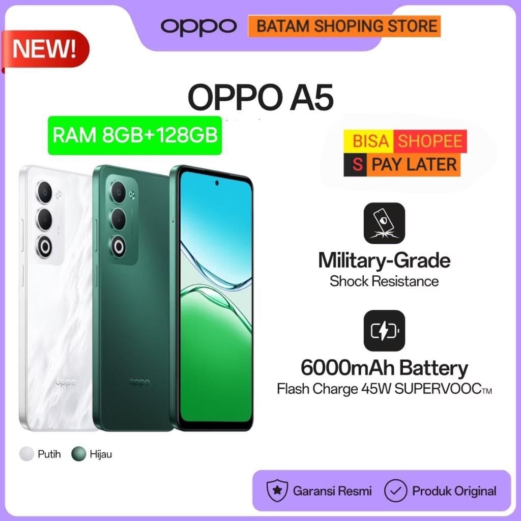 OPPO A5 RAM 8GB + 128GB NEW 2025 GARANSI RESMI [ BATAM ]