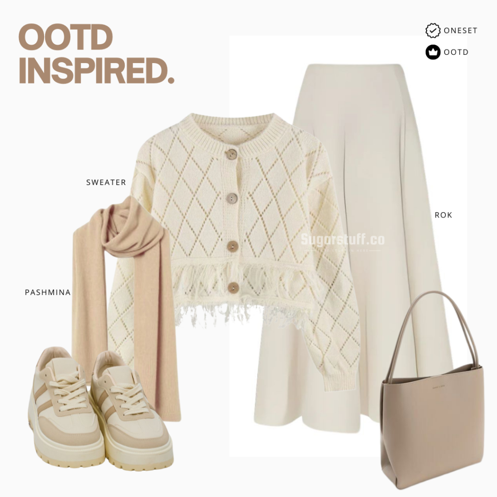 One Set Outfit Korea wanita, Outfit ulzzang, Ootd Korea wanita, Korean style (Sweater Rajut , Rok , 