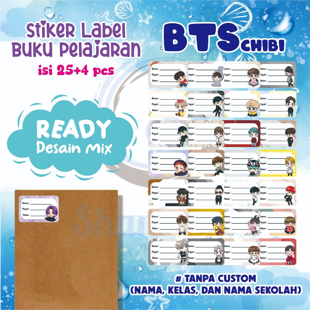 

( 25pcs ) Stiker Label Buku Pelajaran Ready Desain Mix BTS chibi | Stiker Mix Buku Murah | Stiker Buku Ready