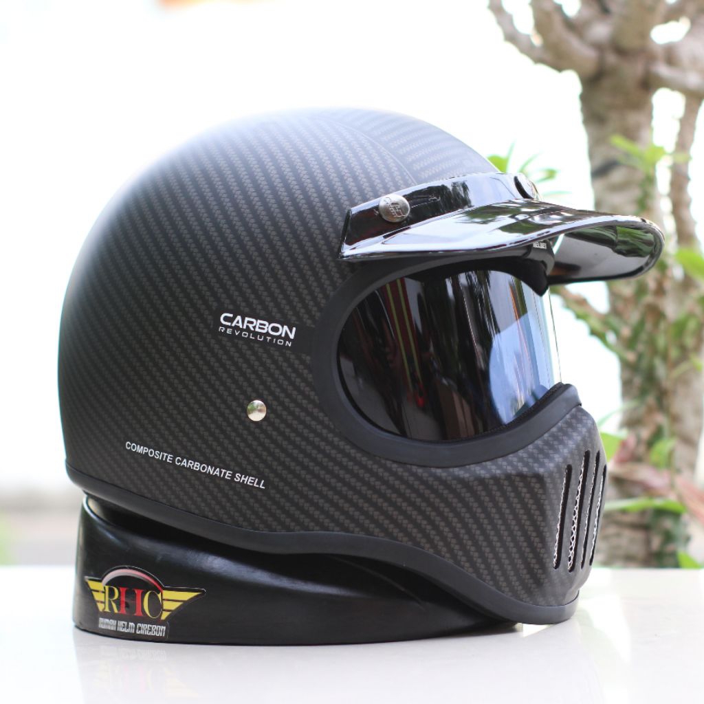 JS Cakil motif carbon kaca dalam helm retro vintage style original SNI