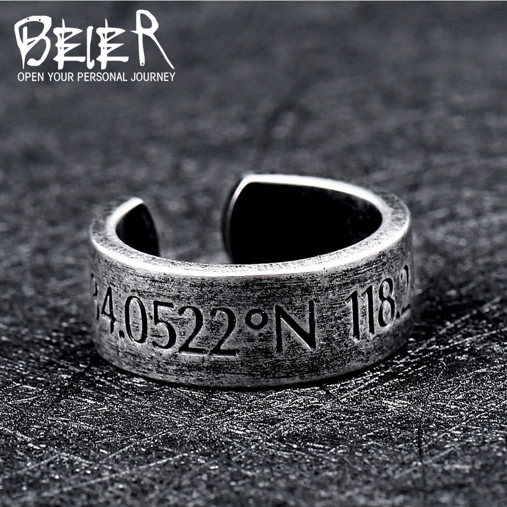 Cincin Tulisan Serial Number Titanium Beier Premium / Cincin Pria Retro Baja Tahan Karat Motif Angka