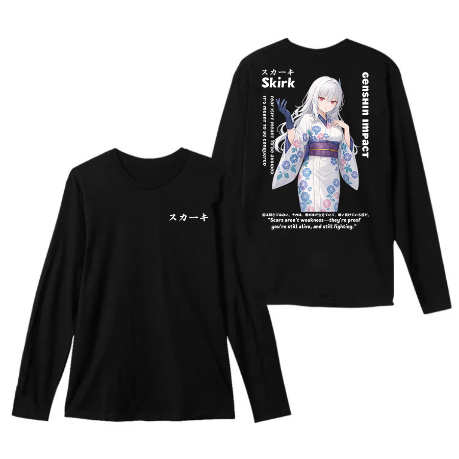 Kaos Crewneck Lengan Panjang Skirk Genshin Impact Katun Tebal Hitam Combed 24s Pria/Wanita T-Shirts