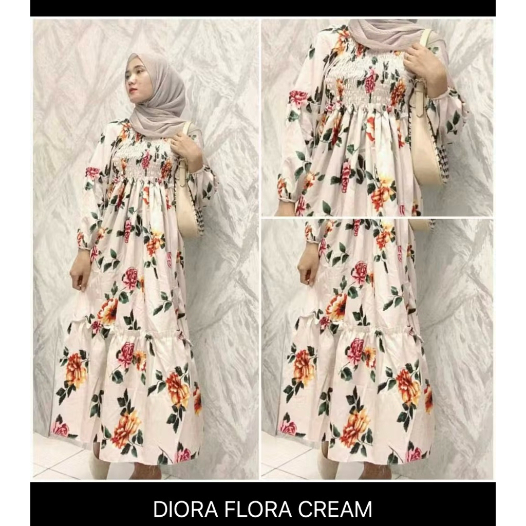 Dress midi rayon motif bunga / midi dress remaja lengan balon