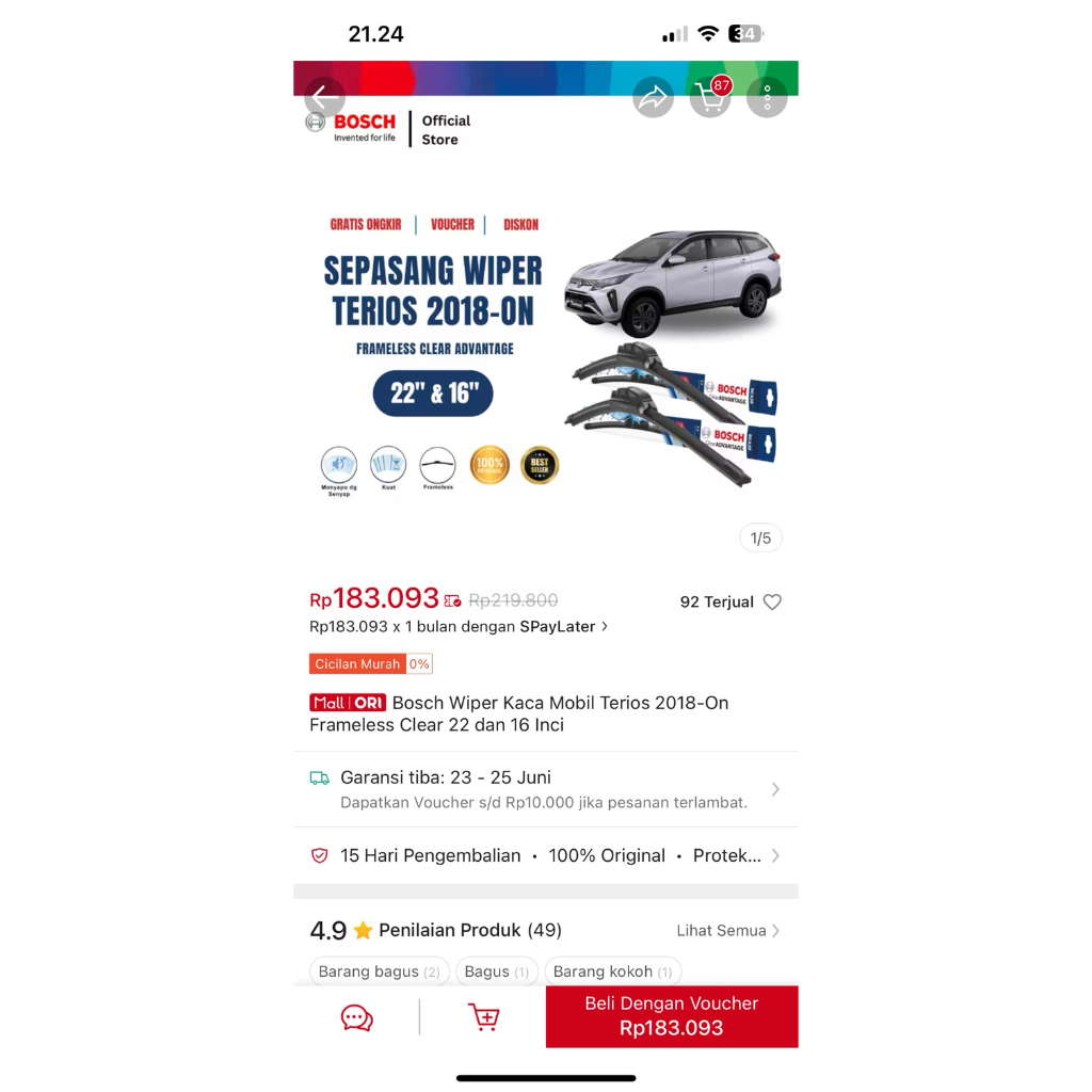 Bosch wiper terios 2018-on frameless