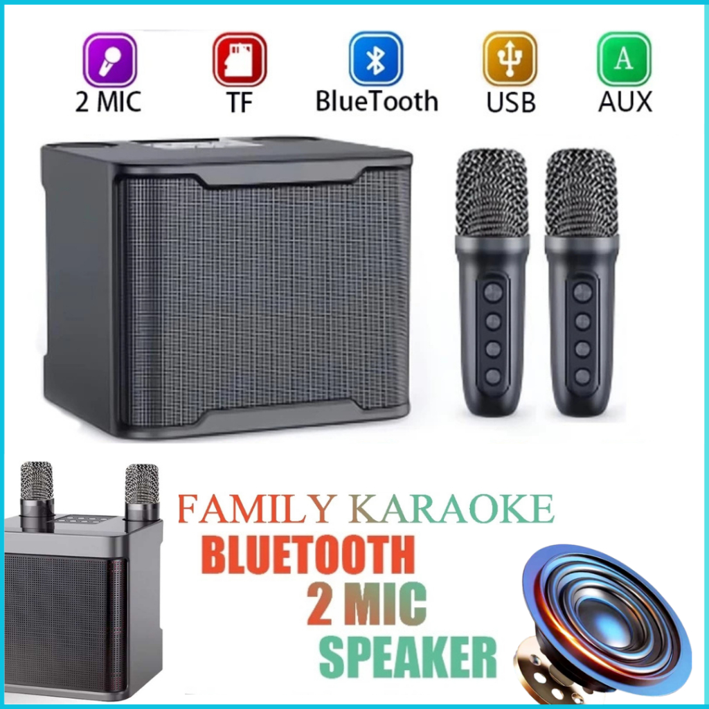 COD Cepat Speaker Karoke 2 Mic Portable Bluetooth Speaker Wireless 10W TV AUX Microphone Suara HD da