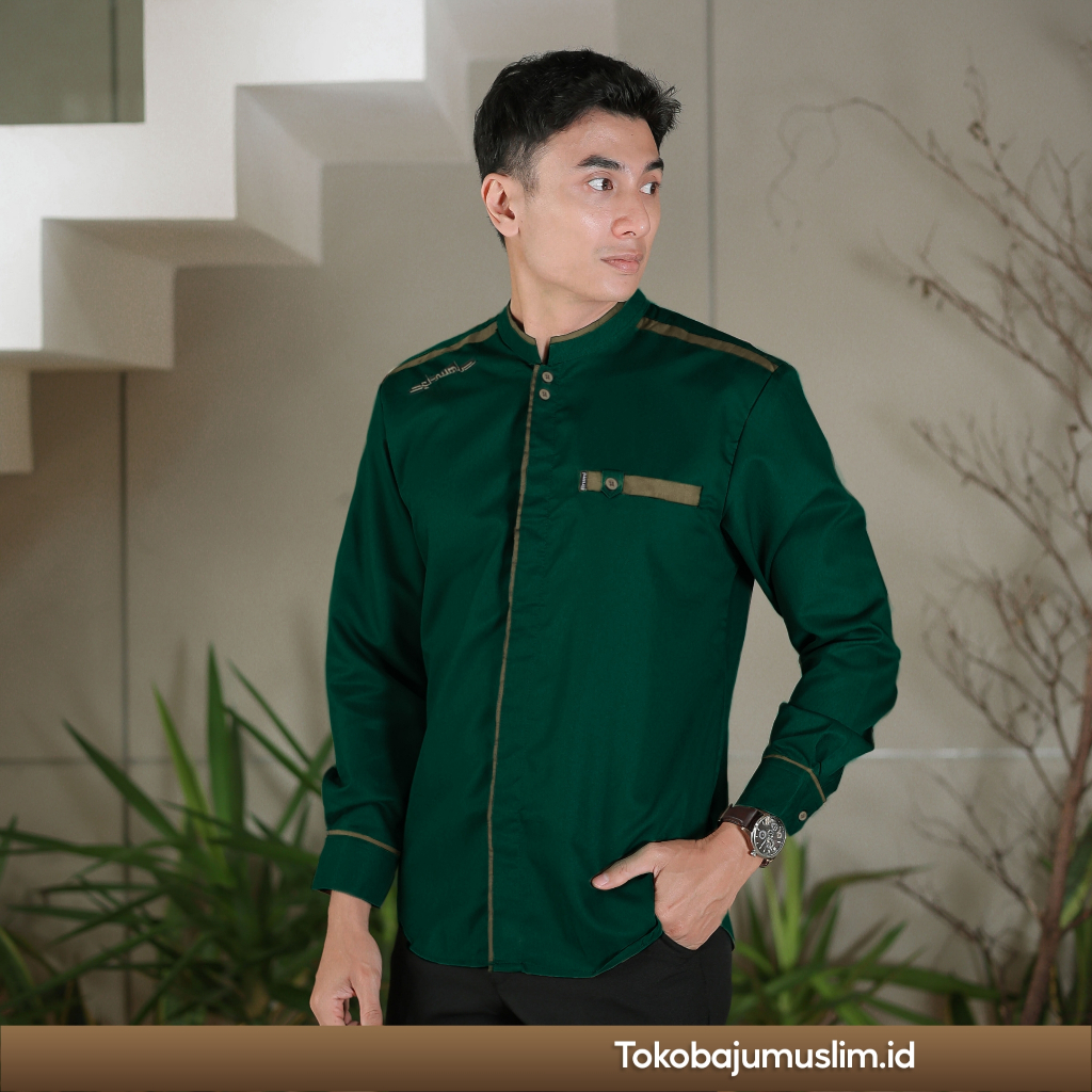 Baju Koko Pria Lengan Panjang Polos Motif Yisunsin Warna Hijau Original Elrumi
