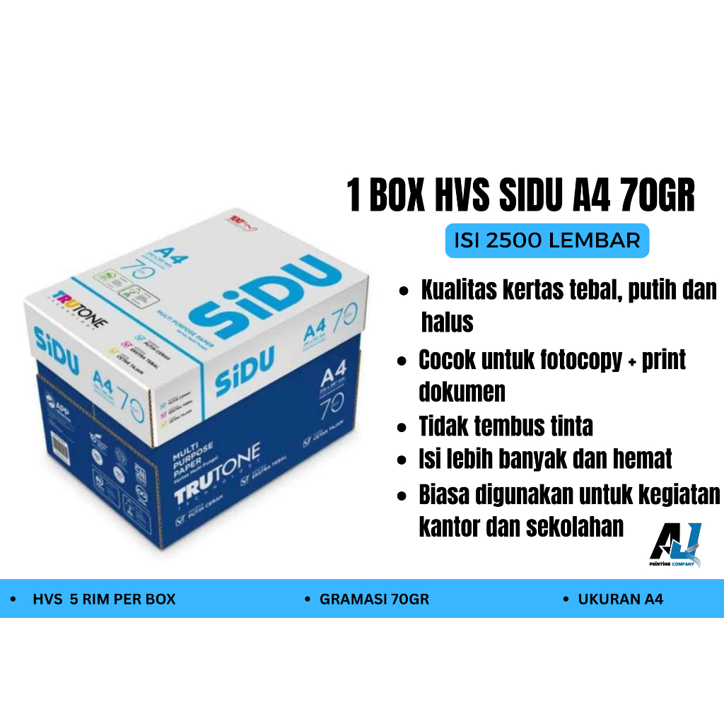 KERTAS HVS A4 70 Gram / HVS SIDU Sinar Dunia A4 70 GSM 1 BOX / 5 RIM Kertas Print Fotocopy Original