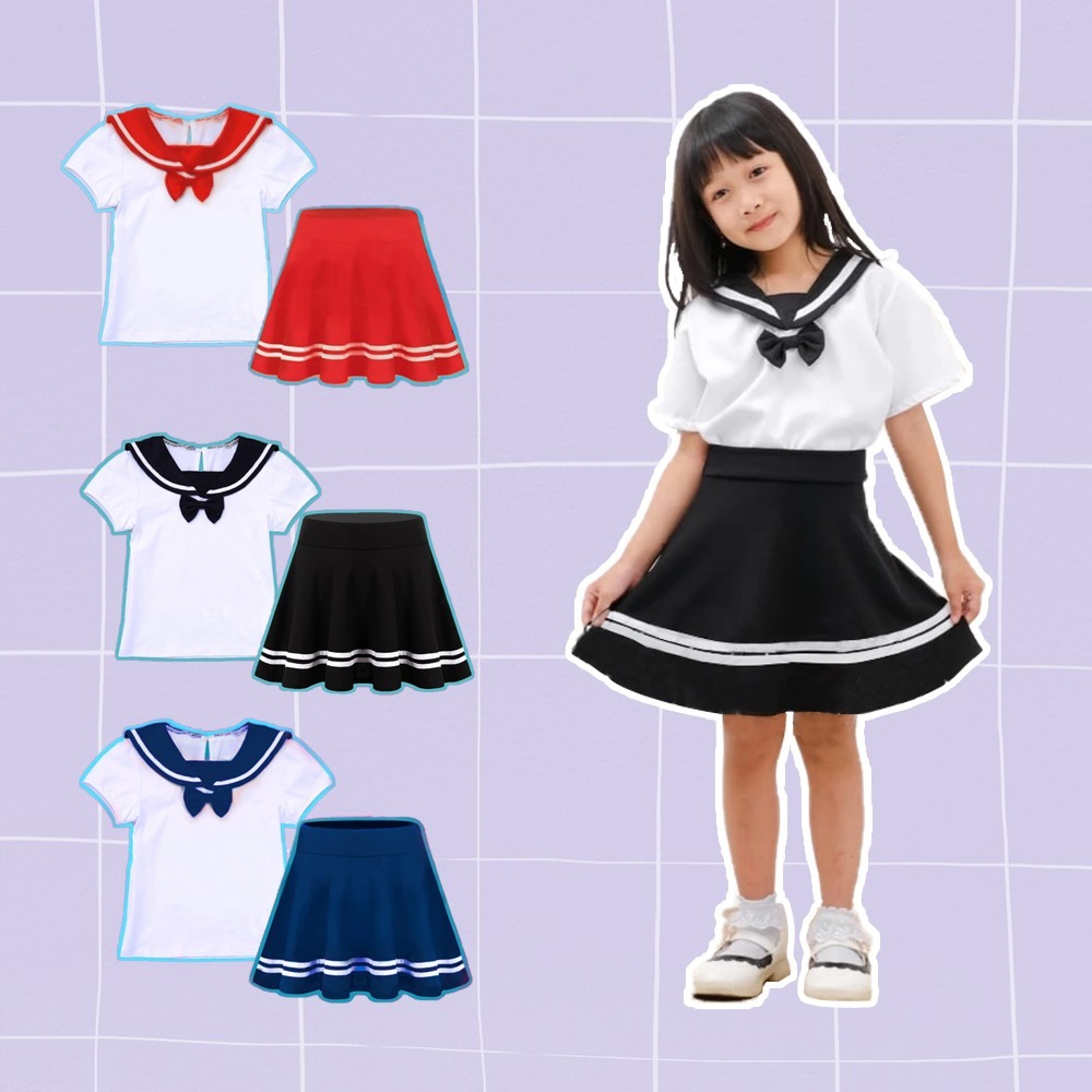 Stelan Blouse Model Seragam Anak Sekolah Jepang Stelan Blouse Korea Blouse + Rok Payung Scuba List P