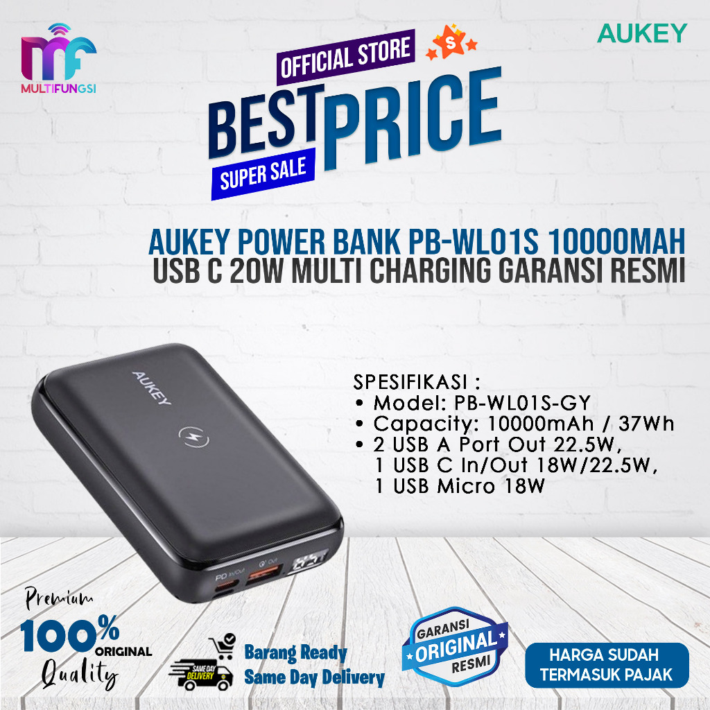 Aukey Power Bank PB-WL01S 10000mah USB C 20W Multi Charging Garansi Resmi