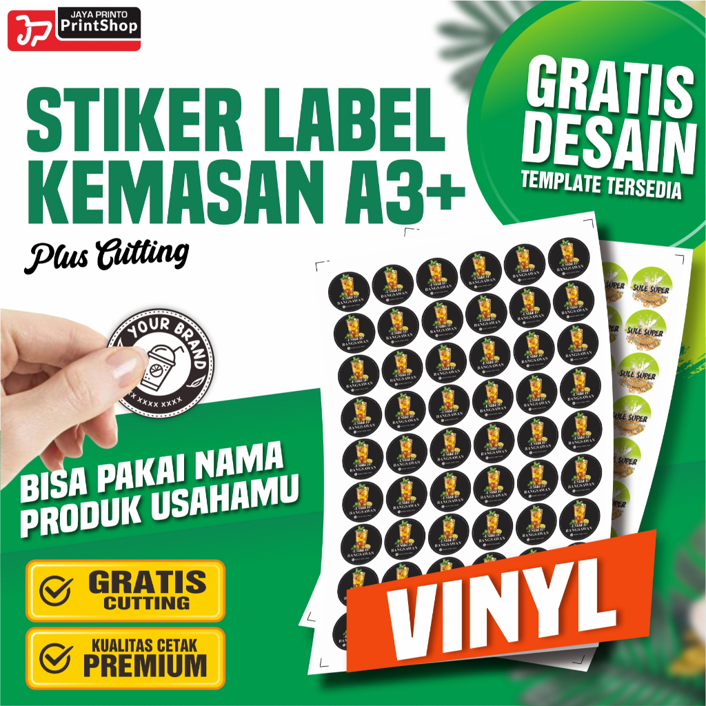 

Cetak Stiker Label Kemasan Minim Order 5Lembar Label Makanan, Logo, Olshop Plus Cutting Bahan Vinyl Glossy / Transparan_STICKER