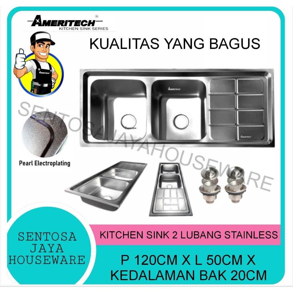 KITCHEN SINK STAINLESS STEEL 2 LUBANG SAYAP AMERITECH/ WASTAFEL BAK CUCI PIRING 2 LUBANG 12050