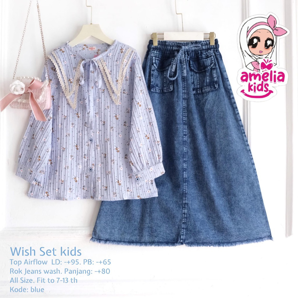 Setelan Baju Muslim Anak Rok dan Blus Crinkle Wish Set Kids Setrok Anak Usia 7-13 Tahun Outfit Baju 