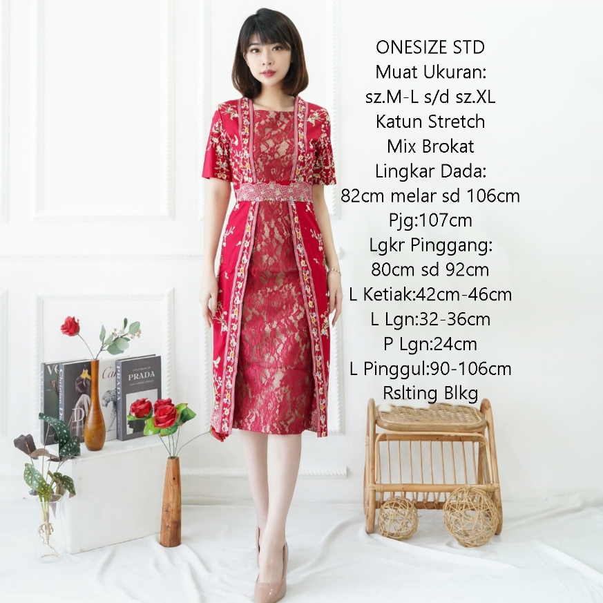 Batik Klasik Baju Wanita Dress Kombinasi Brokat Lace Formal Terusan Midi Kekinian Gaun Wanita Modern