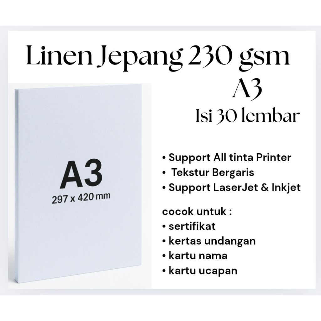 

Kertas Linen Jepang Premium Isi 30 Lembar A3 230 gsm – Kertas Tebal Untuk Sertifikat, Undangan | Tekstur Elegan.