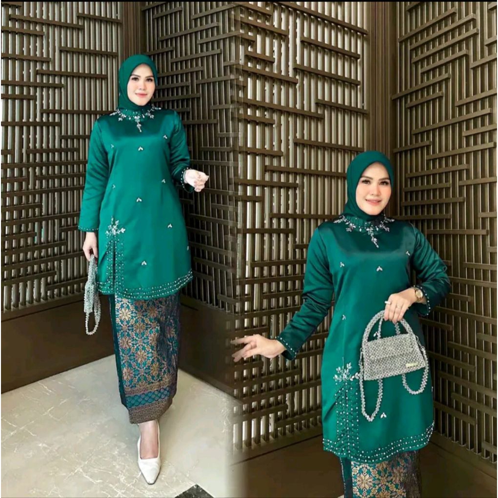 FREE HIJAB Setelan Tunik Melayu Kekinian Baju Kurung Modern Hiasan Payet Mutiara Mewah Dilengkapi Ro