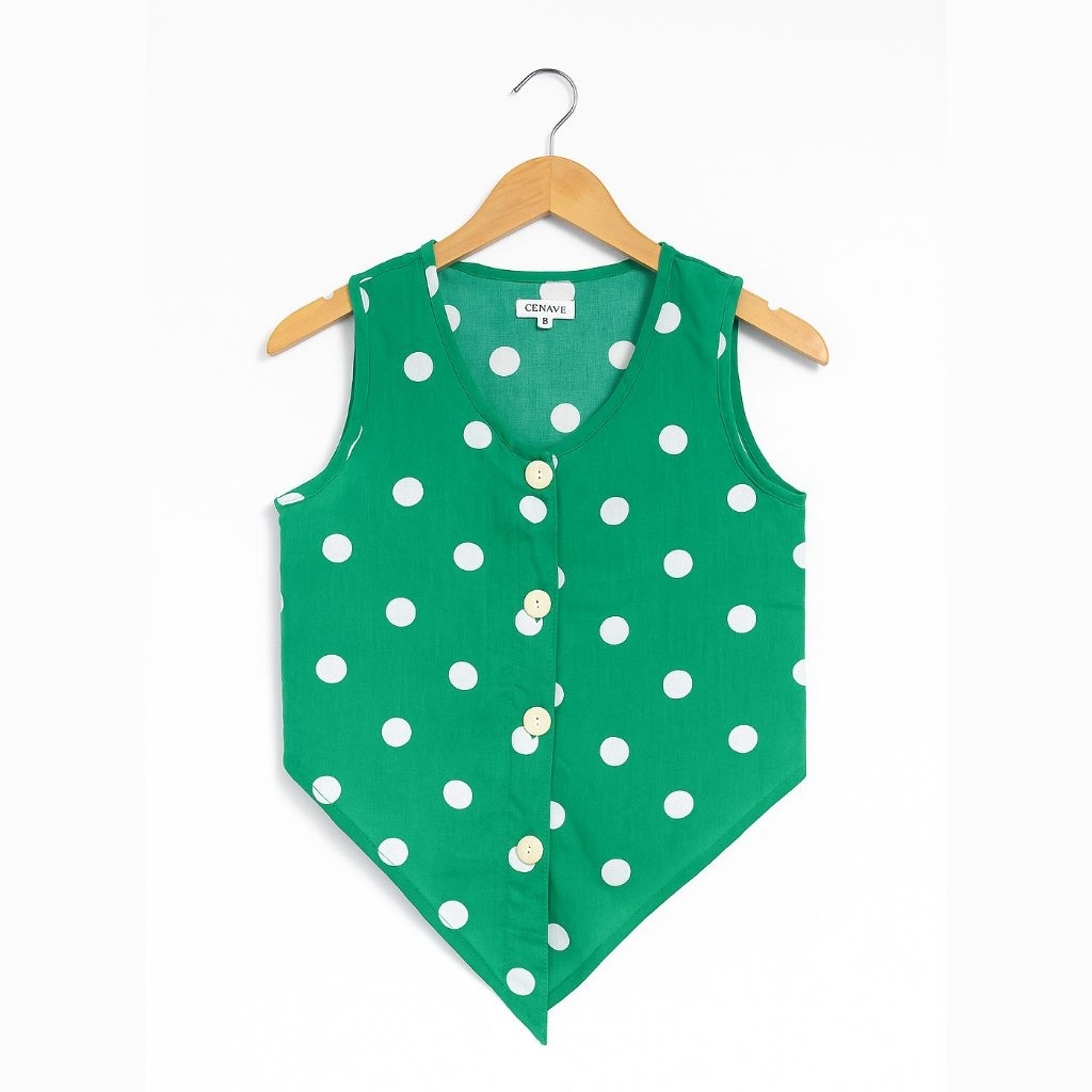 Blouse Tanpa Lengan Polkadot Wanita – Model V-Neck Vintage Chic