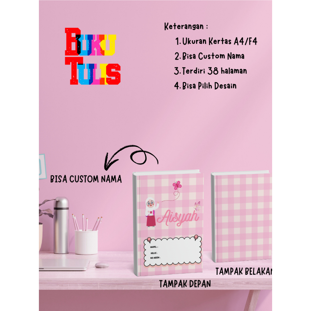 

Buku Tulis Custom (Nama,Mapel,Kelas,No.Absen) Ukuran 21 cm x 16 cm