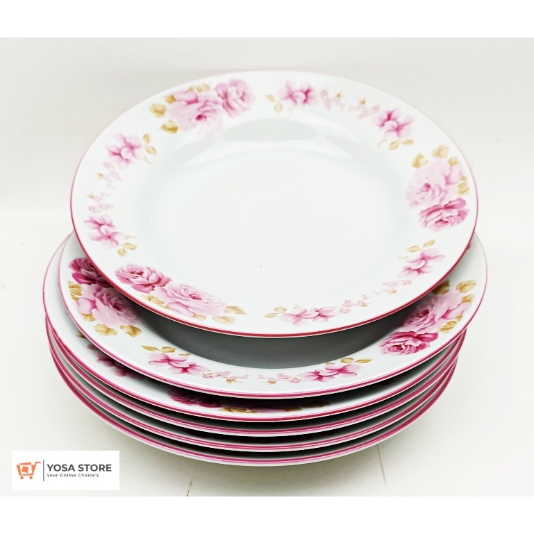 Piring Makan Keramik Tebal Motif Shabby Pink Rossie 9inch - 6 Pcs Kedaung Home