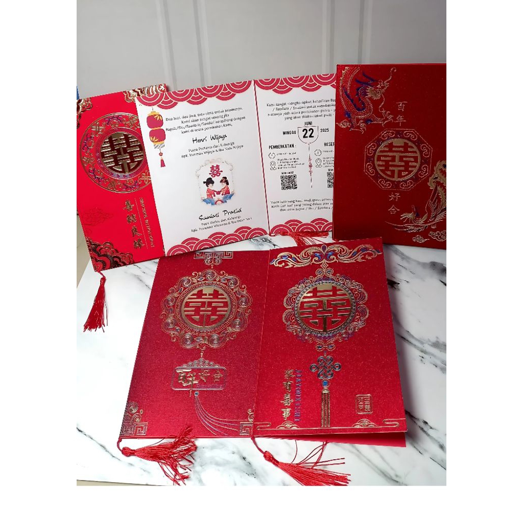 Cetak undangan pernikahan chinese wedding invitation shuang xi tunangan sangjit