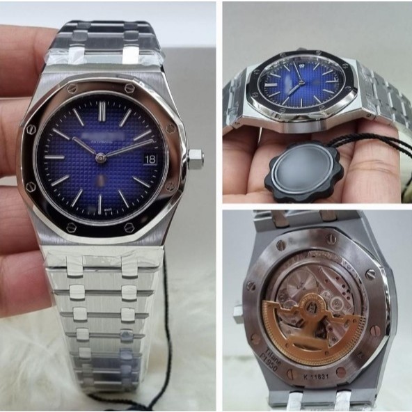 JAM TANGAN AUPIGE ROYAL OAK JUMBO INSPIRED DEEP BLUE WAFFLE DIAL 39MM 162 02 SILVER CHAIN EXTRA THIN