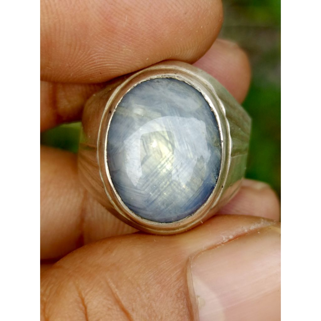 Batu Mulia Natural Blue Sapphire Star Birma 14.5 ct Memo GRI Bigsize Dim-15 Ring Perak Handmade