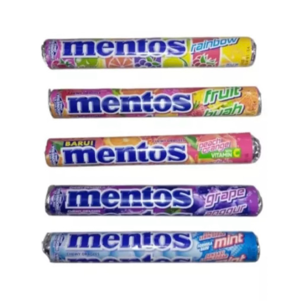 

MENTOS Roll Permen Chewy Dragees Mint/Fruit Buah/Peach Orange / Grape /RainBow29gr