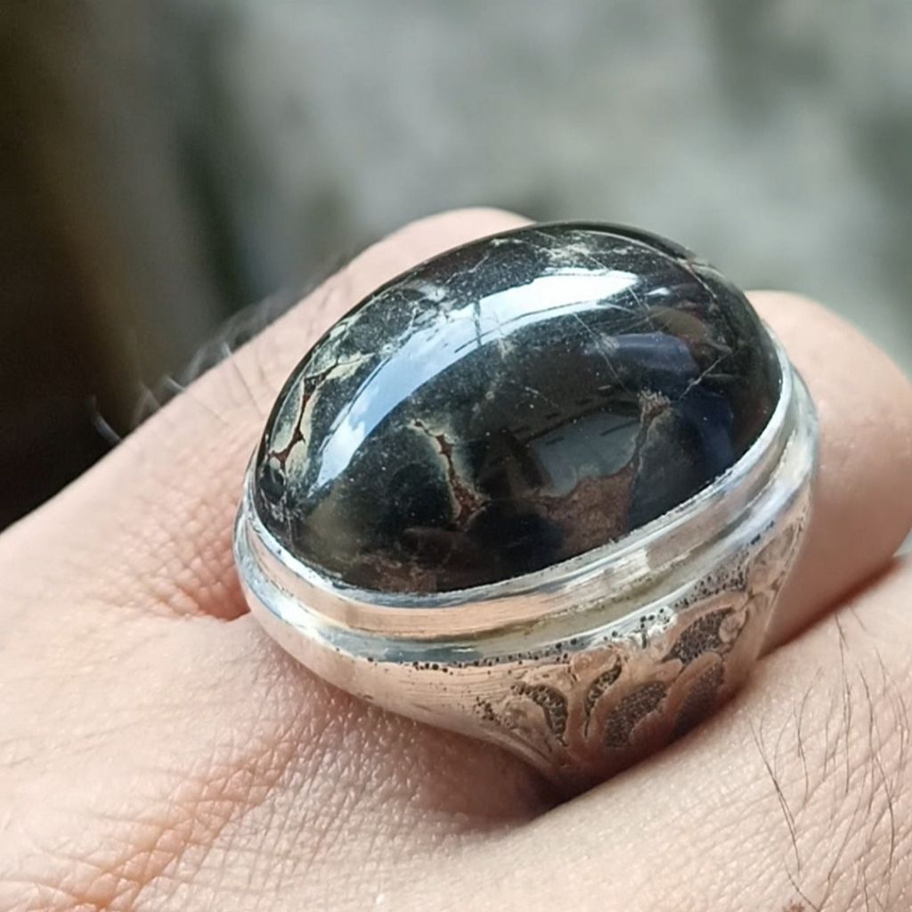 batu akik pirus persia hijau gelap deep green hitam urat mas mumbul  ring perak handmade