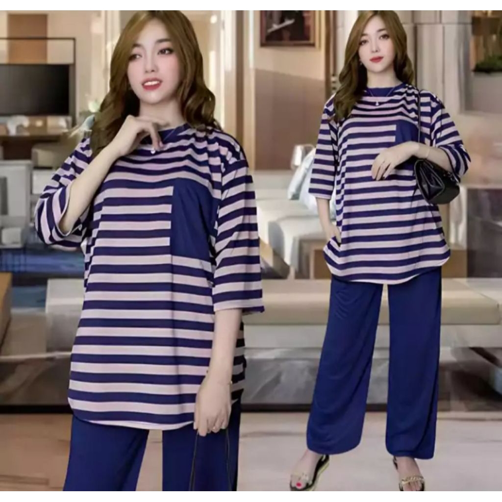 Pakaian Wanita Polos / Atasan Wanita Polos /Atasan Wanita Bergaris / Atasan Set Wanita Bergaris Kant