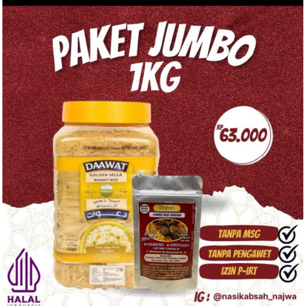 

paket jumbo 1kg -BASMATI DAAWAT 1kg+ BUMBU INSTAN (kabsah/briyani/kebuli/bukhori/mandhi