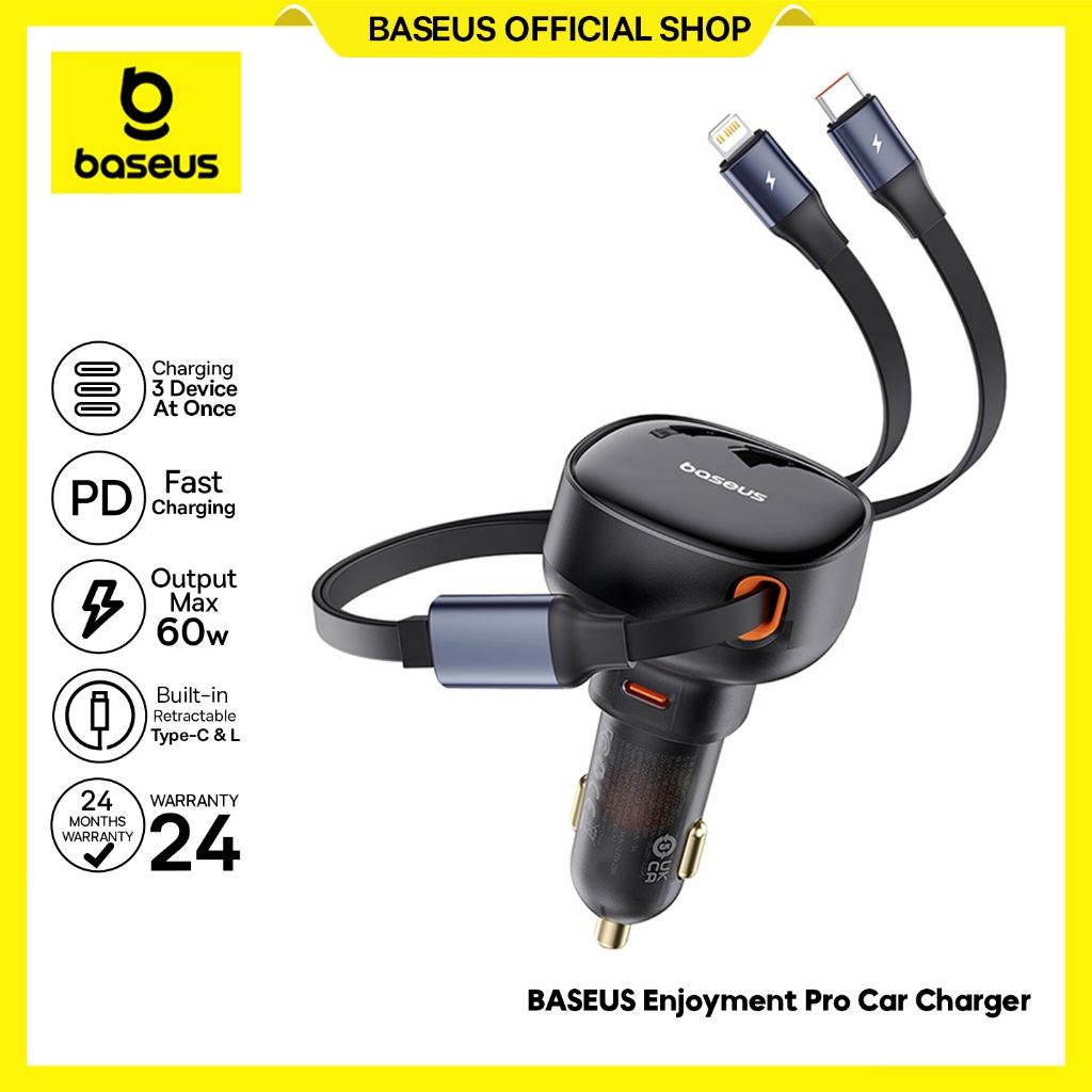 Baseus Car Charger  Mobil 2in1 Cable Type-C & iphone Lighting Retractable Fast Charging