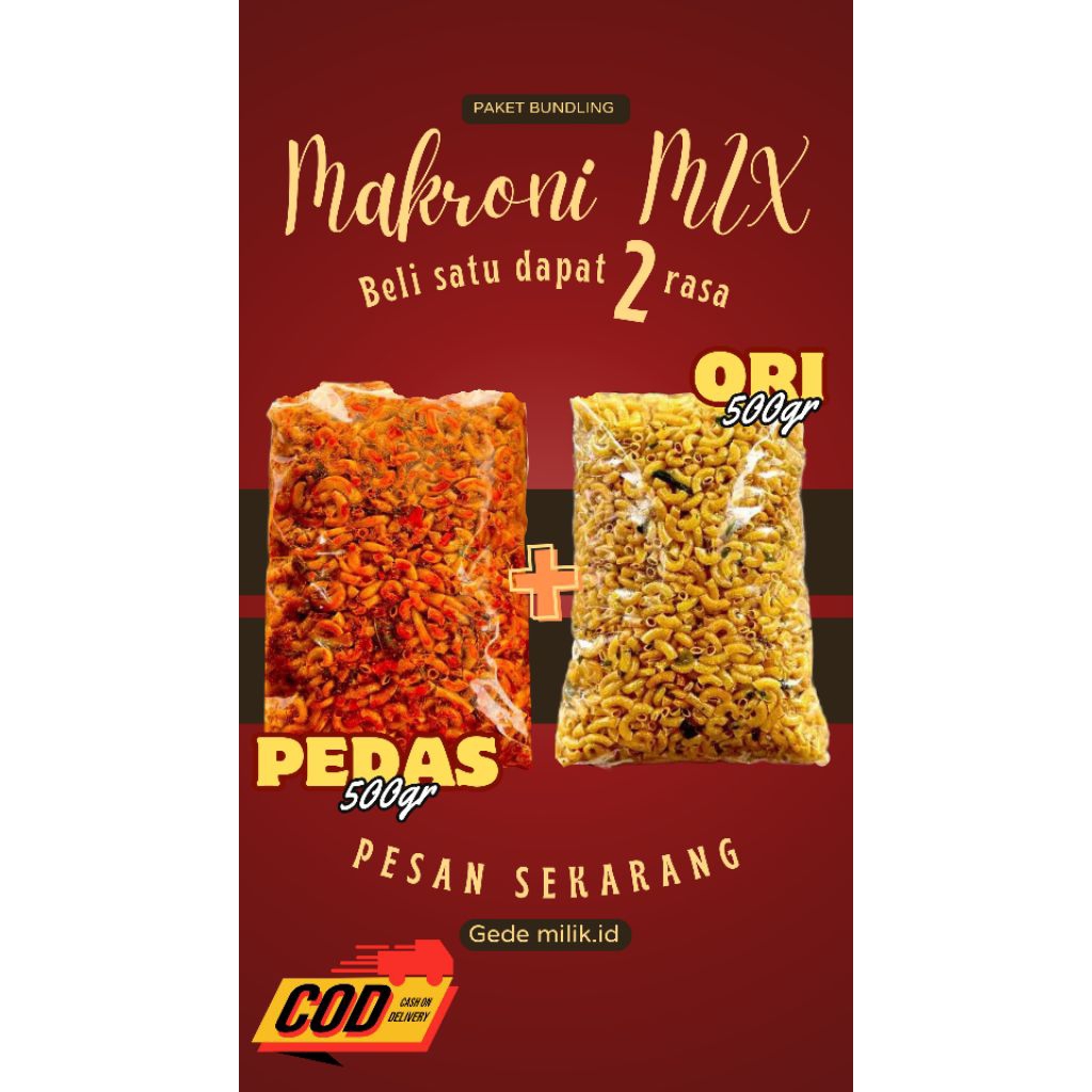 

PAKET MAKRONI CIKRUH PEDAS DAN ORIGINAL DAUN JERUK 1KG. (Beli 1 dapat 2, makroni cikruh pedas 500gr dan makroni original 500gr)