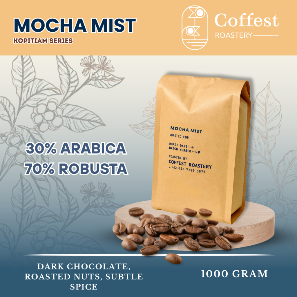 

Coffest Roastery - Mocha Mist 1 kg - Roast Beans Biji Bubuk Kopi Blend 30/70 Arabika Robusta