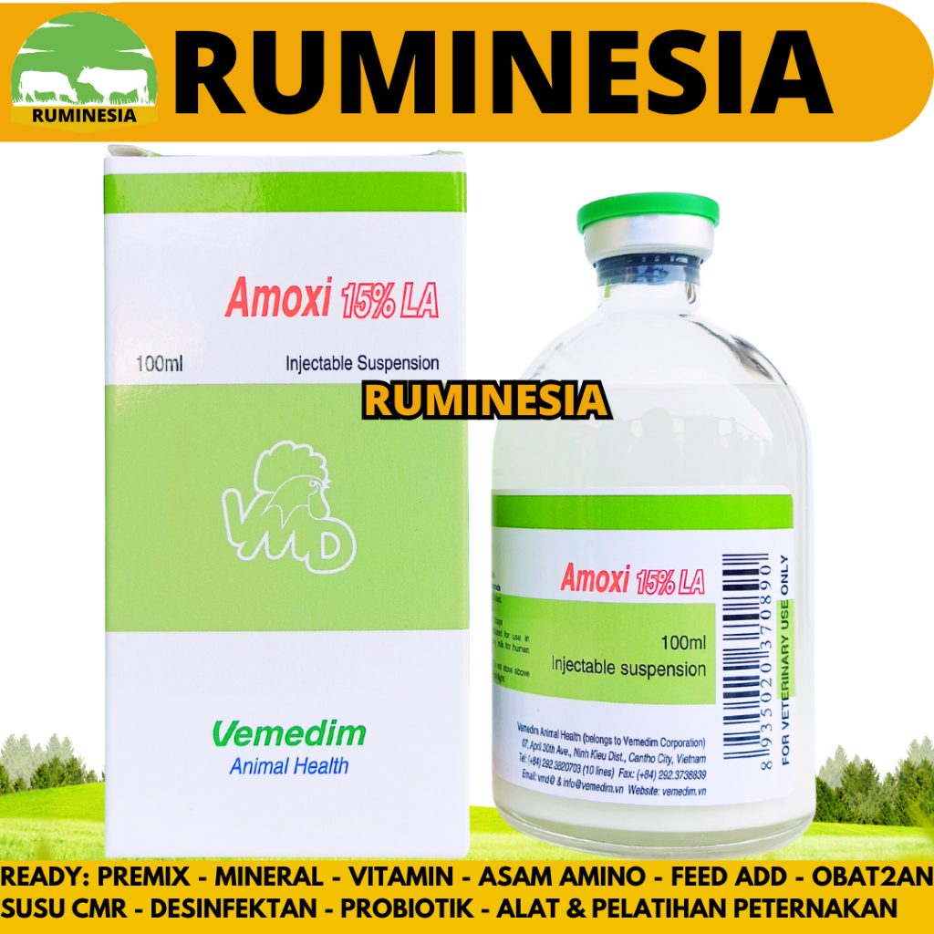 AMOXI 15% LA 100ML VEMEDIM - Obat Hewan Antibiotik Long Acting Ternak Like Betamox LA