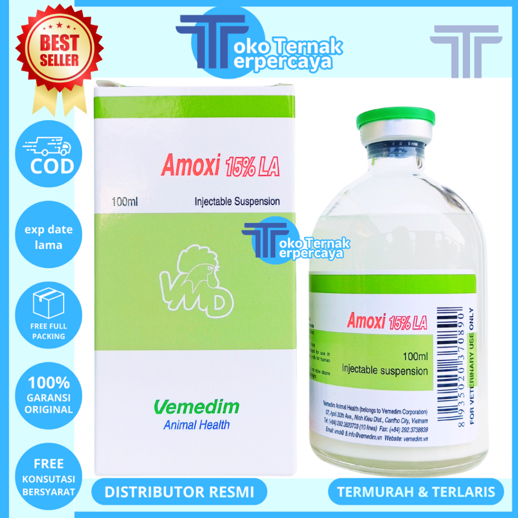 AMOXI 15% LA 100ML VEMEDIM - Obat Hewan Antibiotik Long Acting Ternak Like Betamox LA