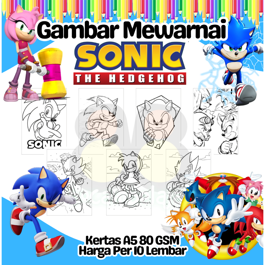 

10 Lembar Kertas Gambar Mewarnai Ukuran A5 Tema SONIC THE HEDGEHOG Termurah - Anak Anak TK SD PAUD Remaja